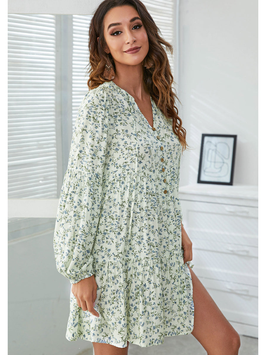 Dresses V-Neck Floral Printed Long Sleeve Button Casual Loose Mini Dress - LuckyFash™