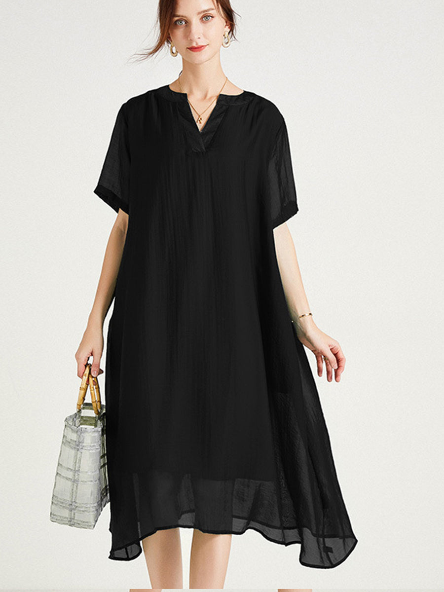 Women’s Dresses Large Size V-Neck Short Sleeve Silk Loose Midi Dress - LuckyFash™
