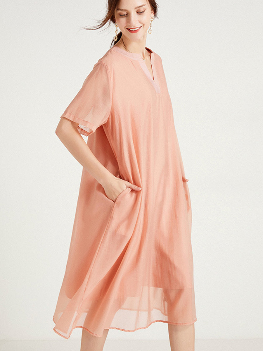 Women’s Dresses Large Size V-Neck Short Sleeve Silk Loose Midi Dress - LuckyFash™