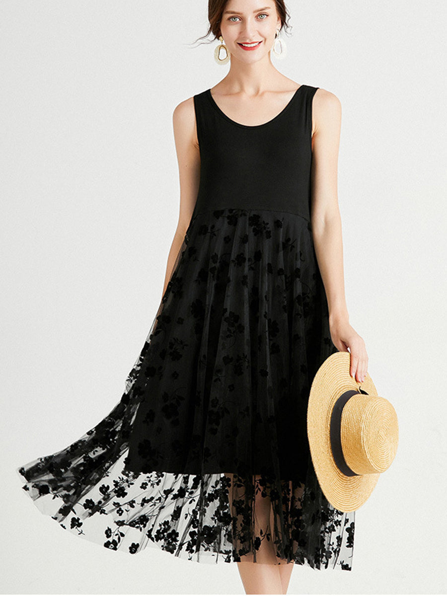 Dresses Medium And Long Sleeveless Round Neck Mesh Midi Dress - LuckyFash™