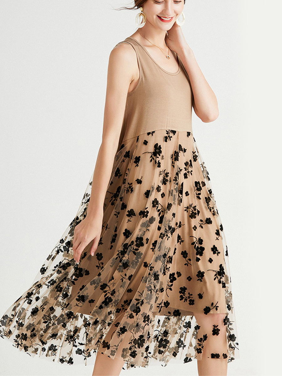 Dresses Medium And Long Sleeveless Round Neck Mesh Midi Dress - LuckyFash™