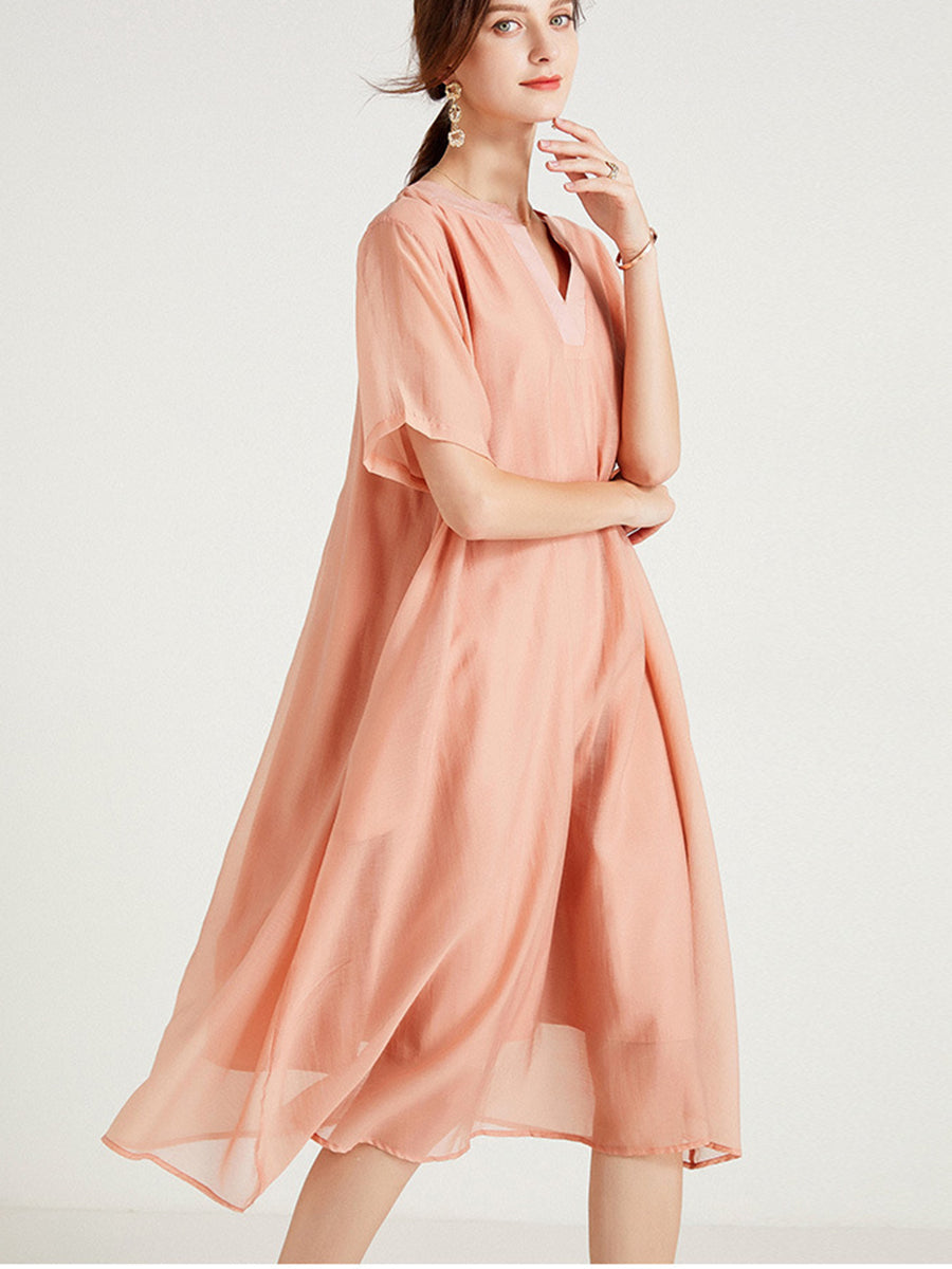 Women’s Dresses Large Size V-Neck Short Sleeve Silk Loose Midi Dress - LuckyFash™