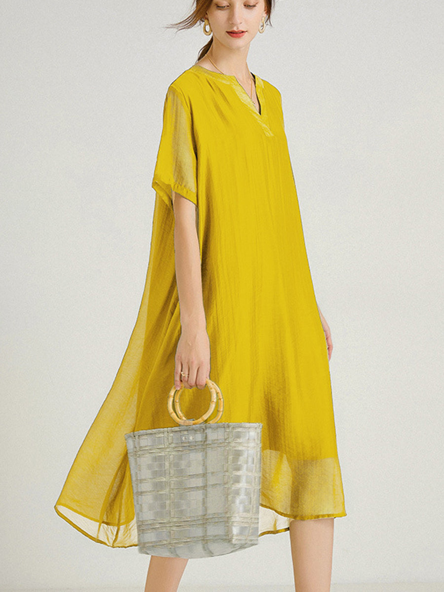 Women’s Dresses Large Size V-Neck Short Sleeve Silk Loose Midi Dress - LuckyFash™