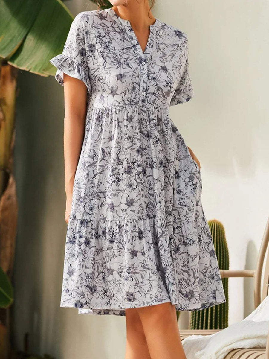 Dresses V Neck Button Print Loose Casual Mini Dress - LuckyFash™