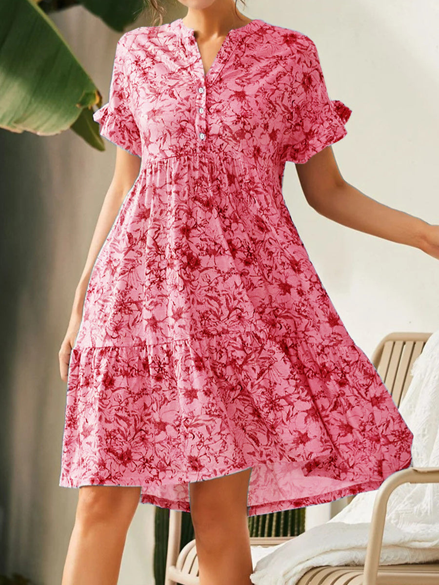 Dresses V Neck Button Print Loose Casual Mini Dress - LuckyFash™