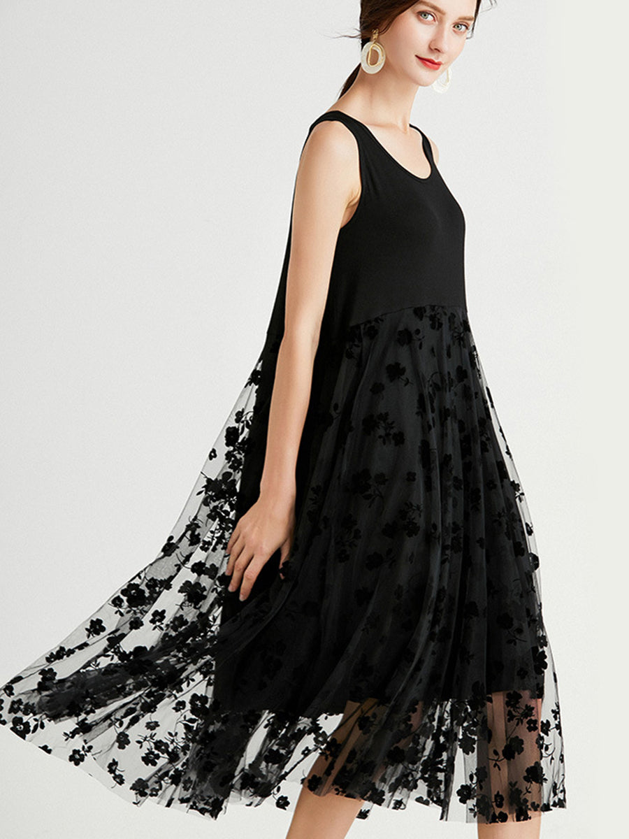 Dresses Medium And Long Sleeveless Round Neck Mesh Midi Dress - LuckyFash™