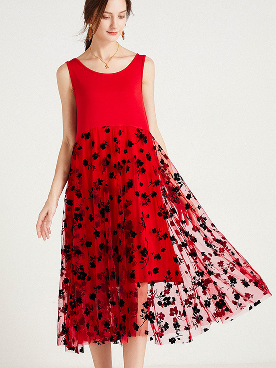 Dresses Medium And Long Sleeveless Round Neck Mesh Midi Dress - LuckyFash™