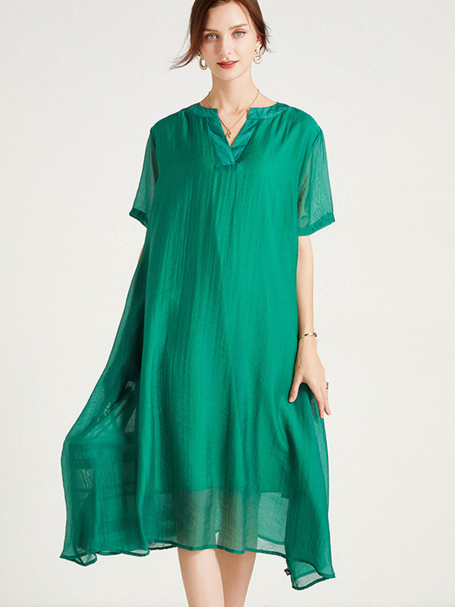 Women’s Dresses Large Size V-Neck Short Sleeve Silk Loose Midi Dress - LuckyFash™