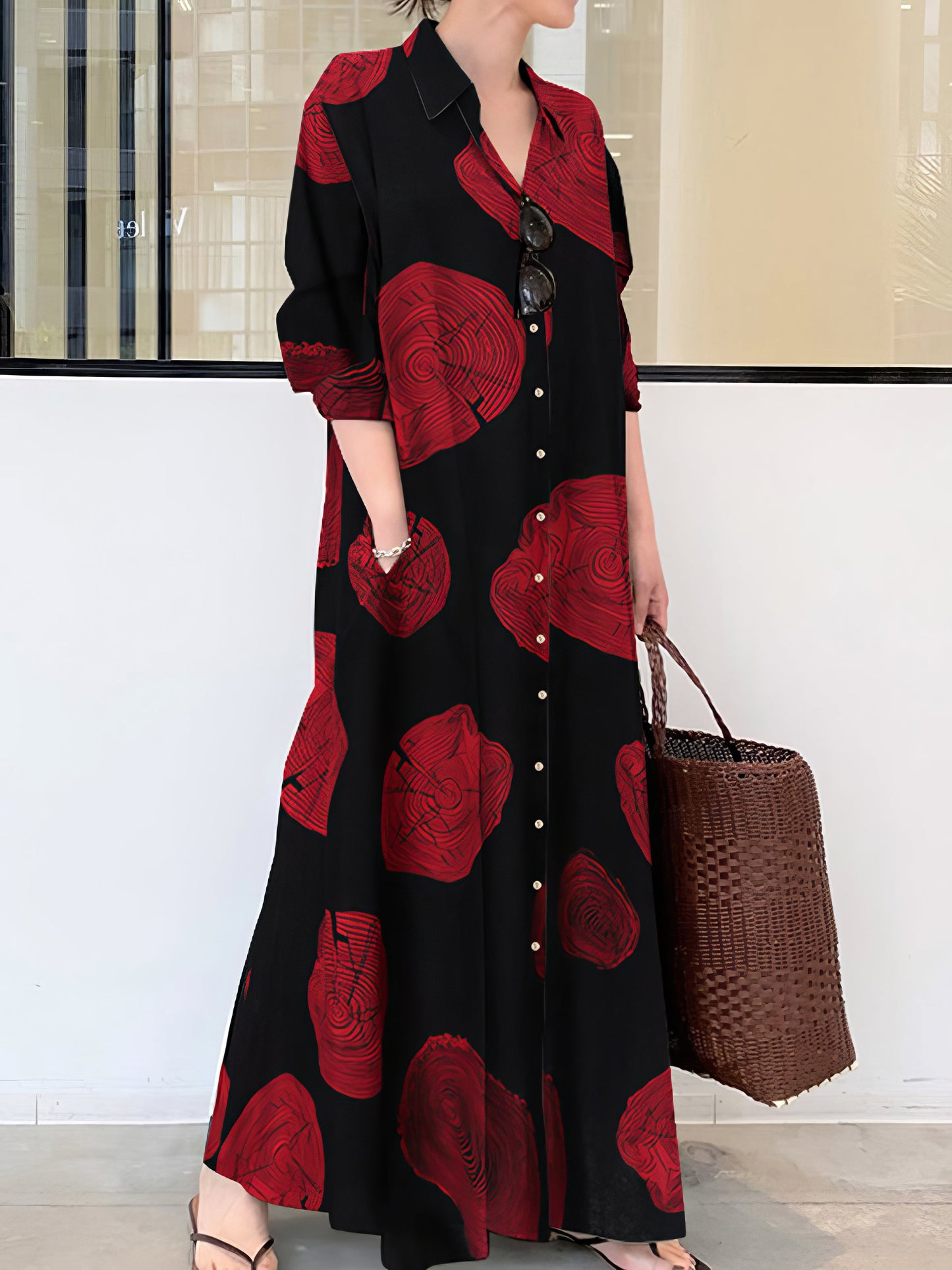 Women’s Dresses Cotton Printed Long Sleeve Loose Casual Maxi Dress - LuckyFash™
