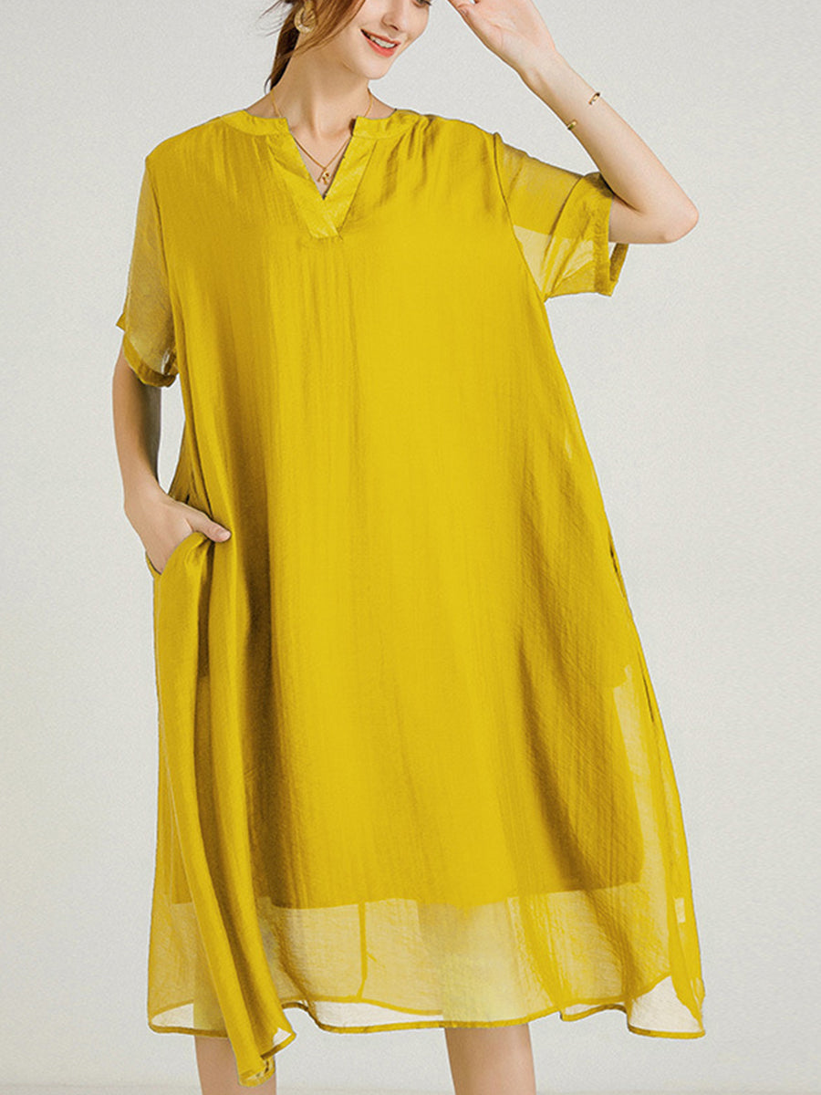 Women’s Dresses Large Size V-Neck Short Sleeve Silk Loose Midi Dress - LuckyFash™