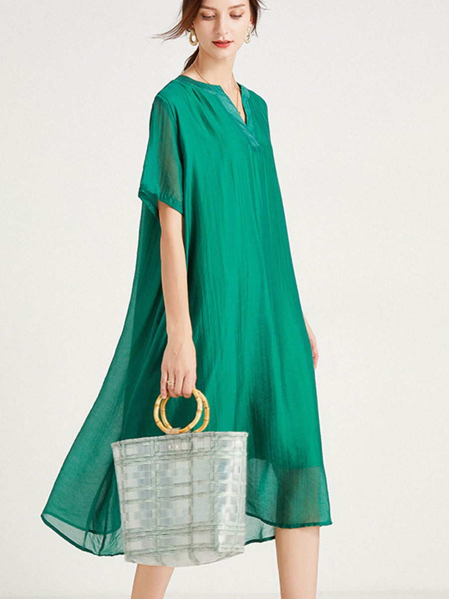 Women’s Dresses Large Size V-Neck Short Sleeve Silk Loose Midi Dress - LuckyFash™