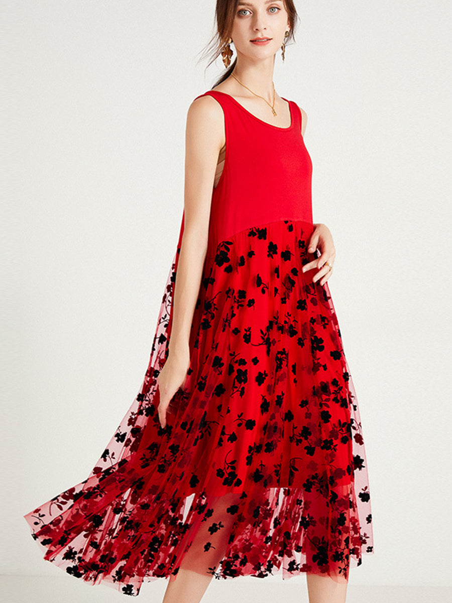 Dresses Medium And Long Sleeveless Round Neck Mesh Midi Dress - LuckyFash™