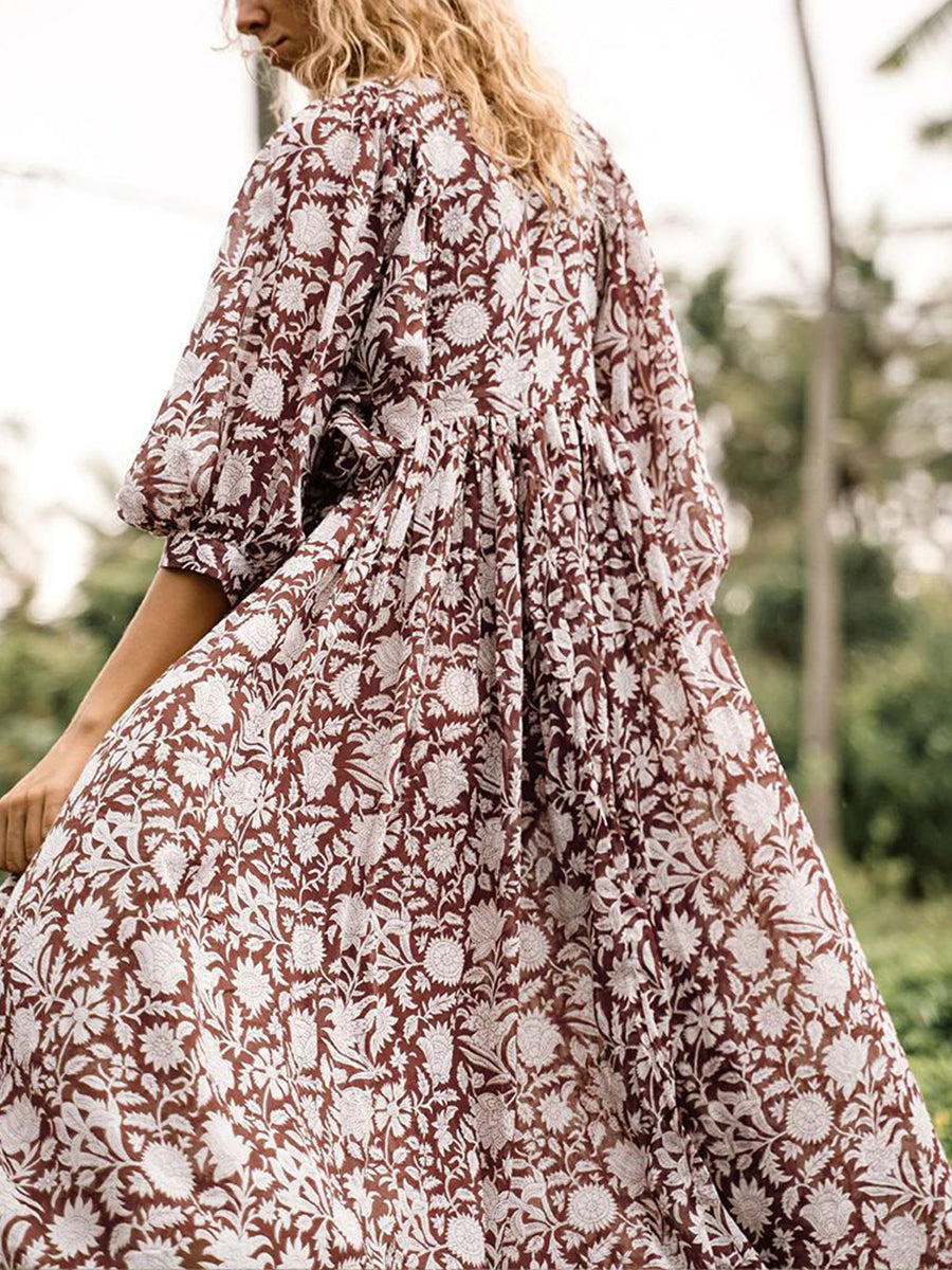 Dresses Fashion Plus Size Loose Casual Floral Mid Sleeve Midi Dress - LuckyFash™