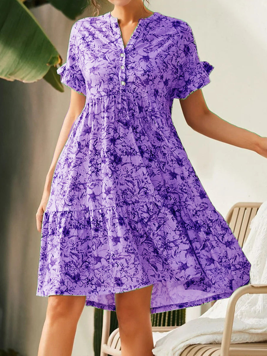 Dresses V Neck Button Print Loose Casual Mini Dress - LuckyFash™