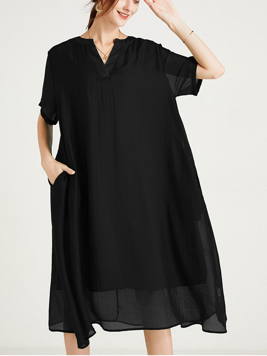 Women’s Dresses Large Size V-Neck Short Sleeve Silk Loose Midi Dress - LuckyFash™