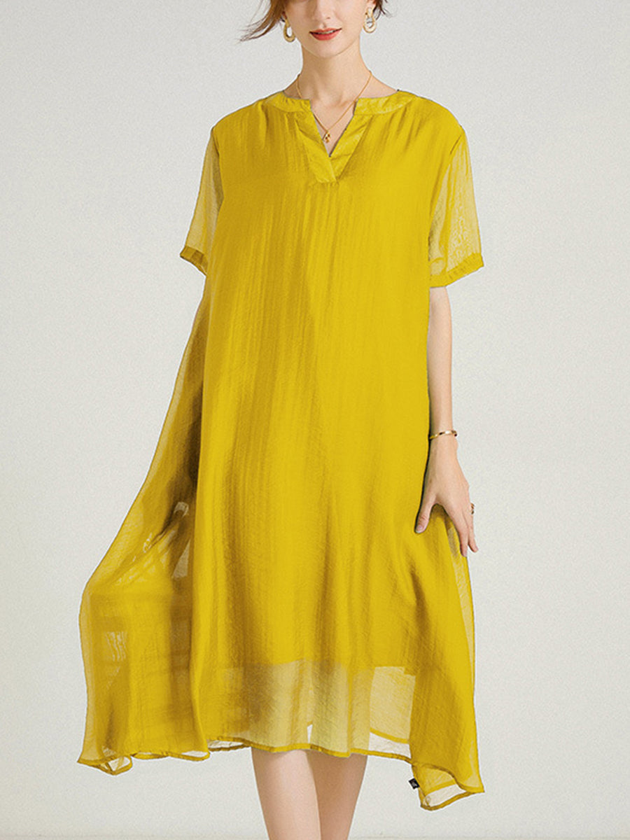 Women’s Dresses Large Size V-Neck Short Sleeve Silk Loose Midi Dress - LuckyFash™