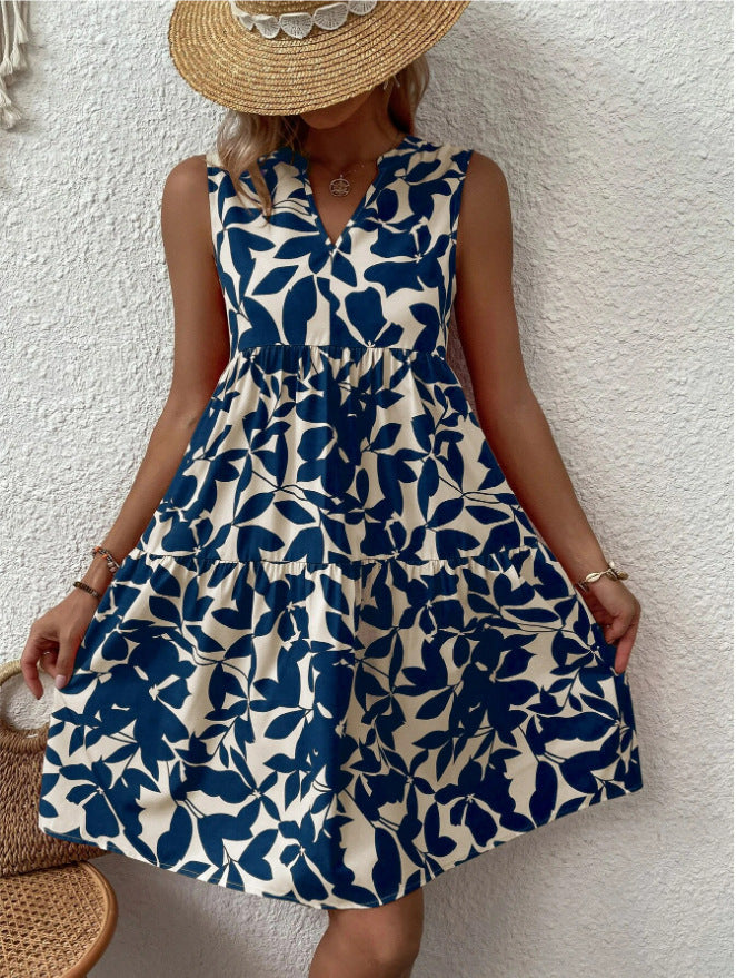 Women’s Dresses Bohemian Leaf Print Fashion Loose V-Neck Pleated Mini Dress - LuckyFash™