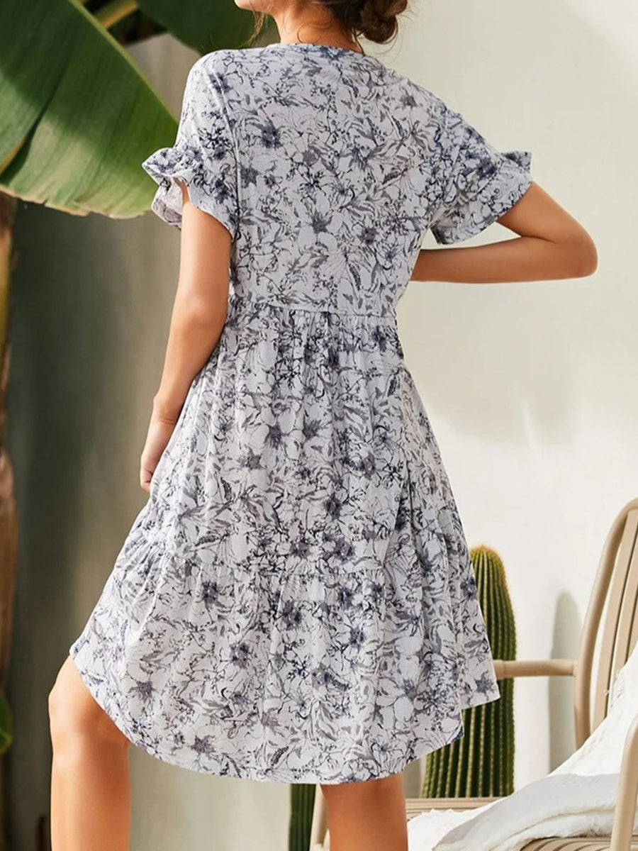 Dresses V Neck Button Print Loose Casual Mini Dress - LuckyFash™