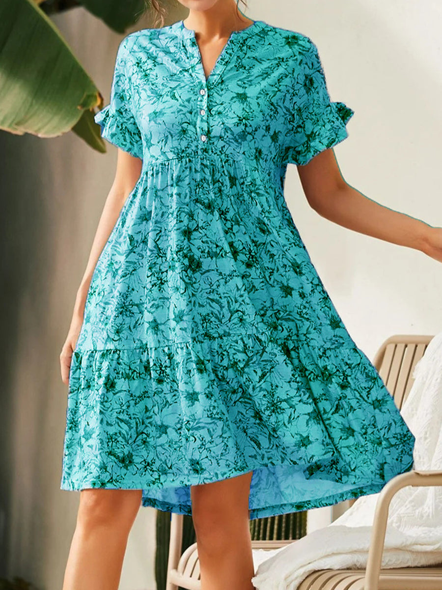 Dresses V Neck Button Print Loose Casual Mini Dress - LuckyFash™