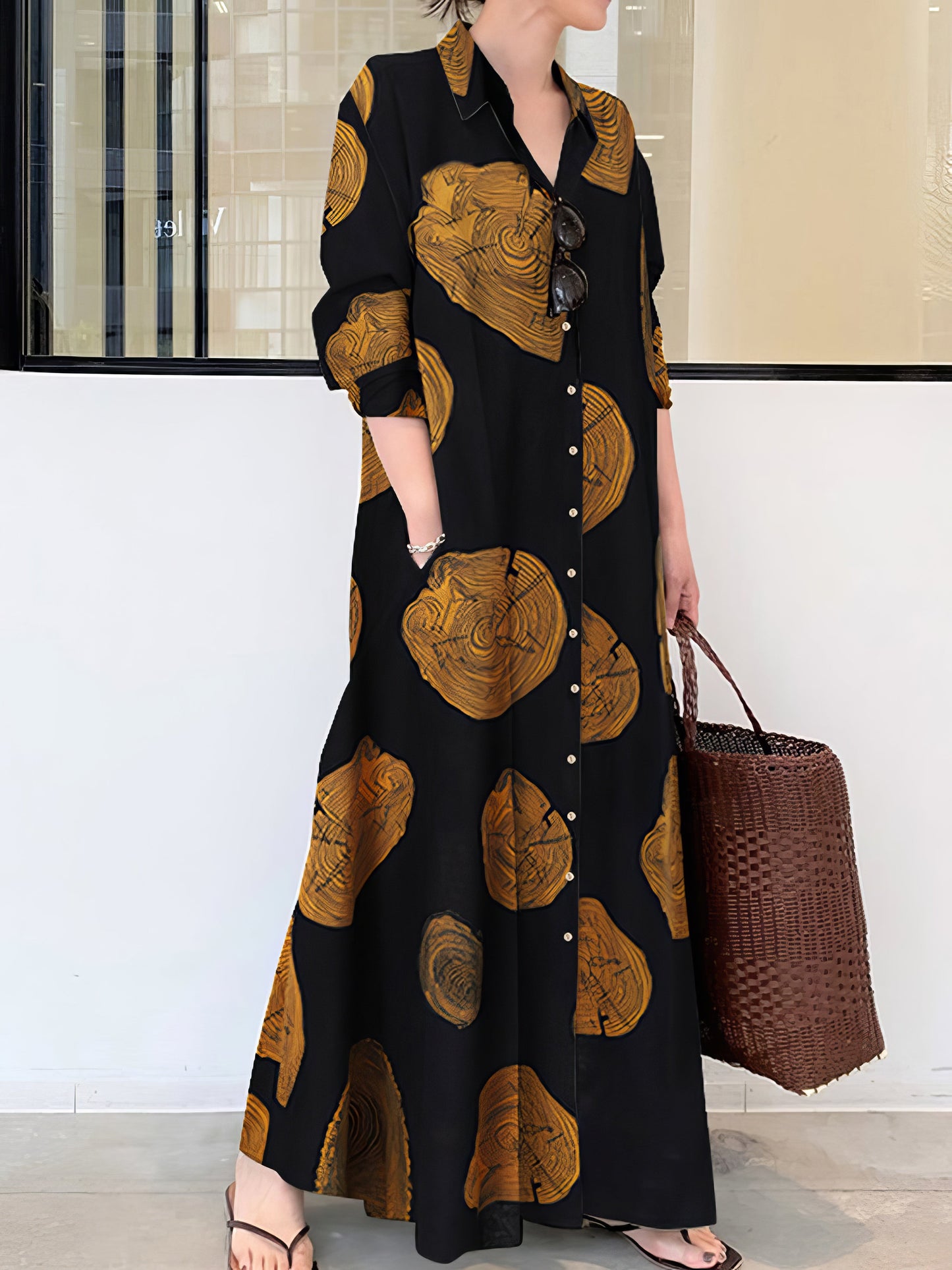 Women’s Dresses Cotton Printed Long Sleeve Loose Casual Maxi Dress - LuckyFash™