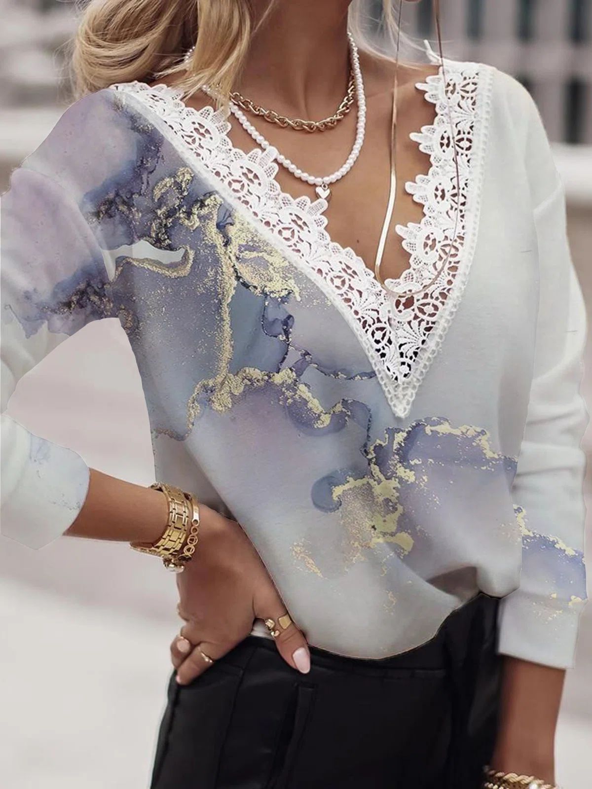 Women's T-Shirts Multicolor Printed Lace V-Neck Long Sleeve T-Shirts - LuckyFash™