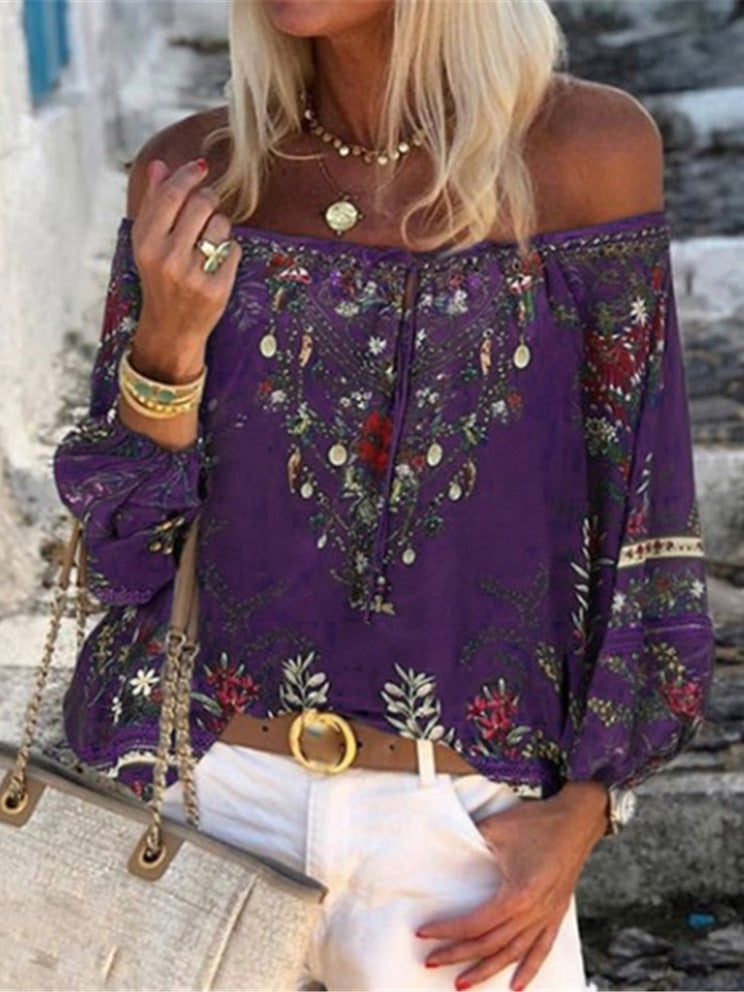 Women's Blouses Vintage Print Boat Neck Belted Long Sleeve Blouse - LuckyFash™