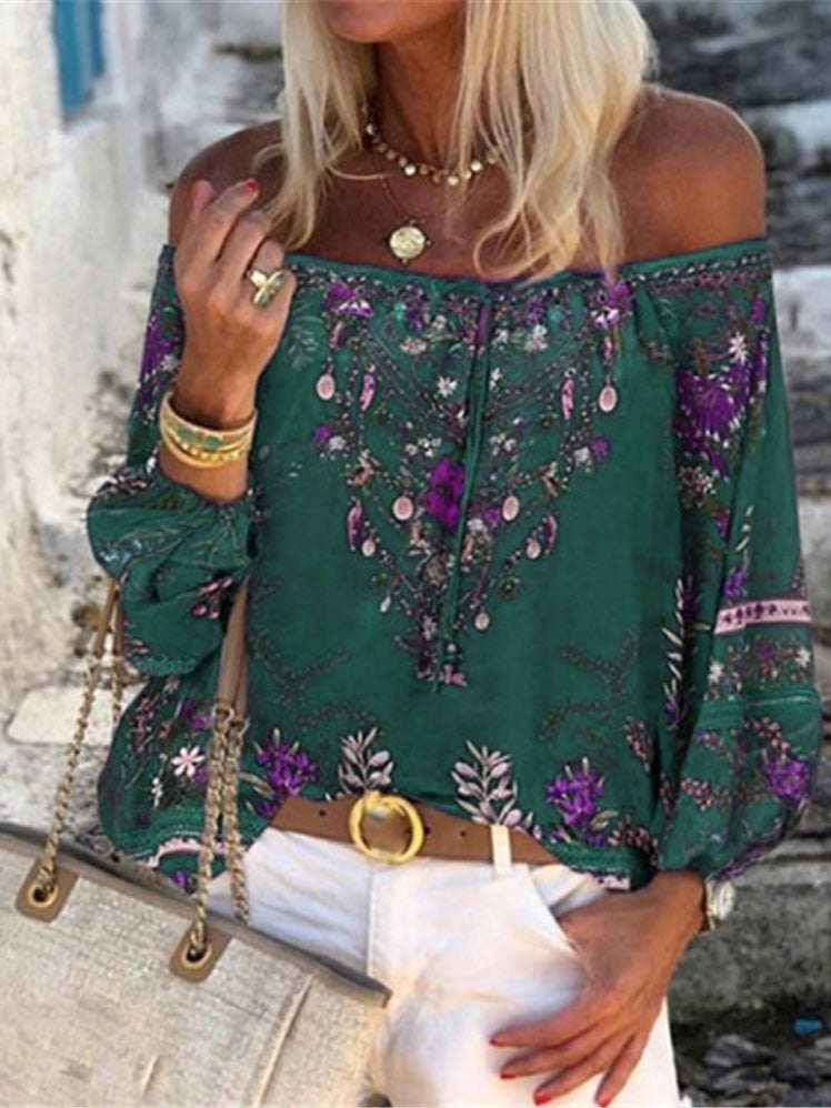 Women's Blouses Vintage Print Boat Neck Belted Long Sleeve Blouse - LuckyFash™