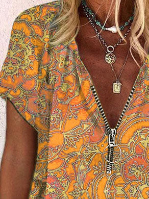 Printed Zipper V-neck Loose Short Sleeve T-shirts - LuckyFash™
