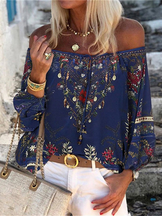 Women's Blouses Vintage Print Boat Neck Belted Long Sleeve Blouse - LuckyFash™