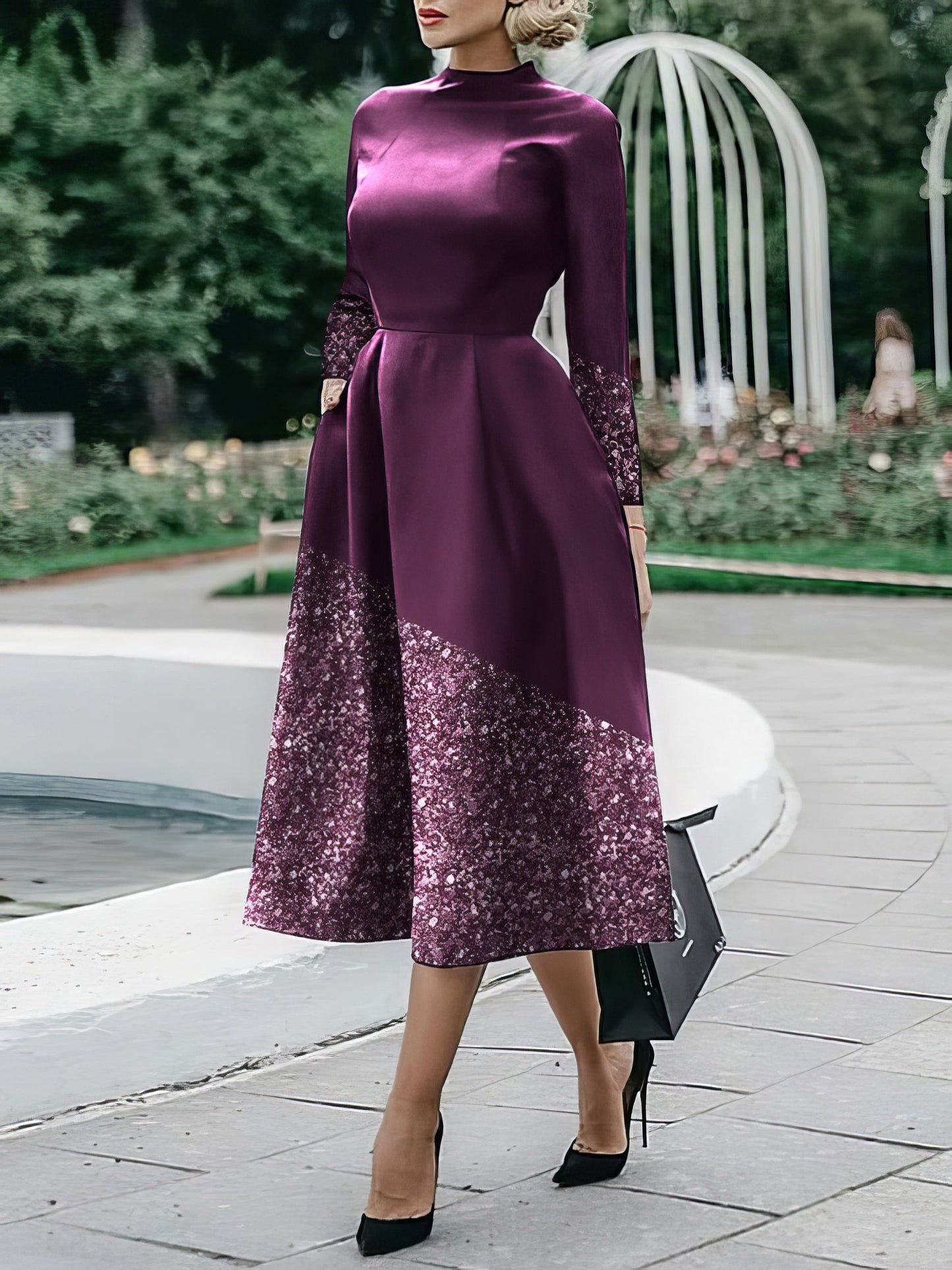 Dresses Long Sleeve Fitted Printed Midi Dress - LuckyFash™