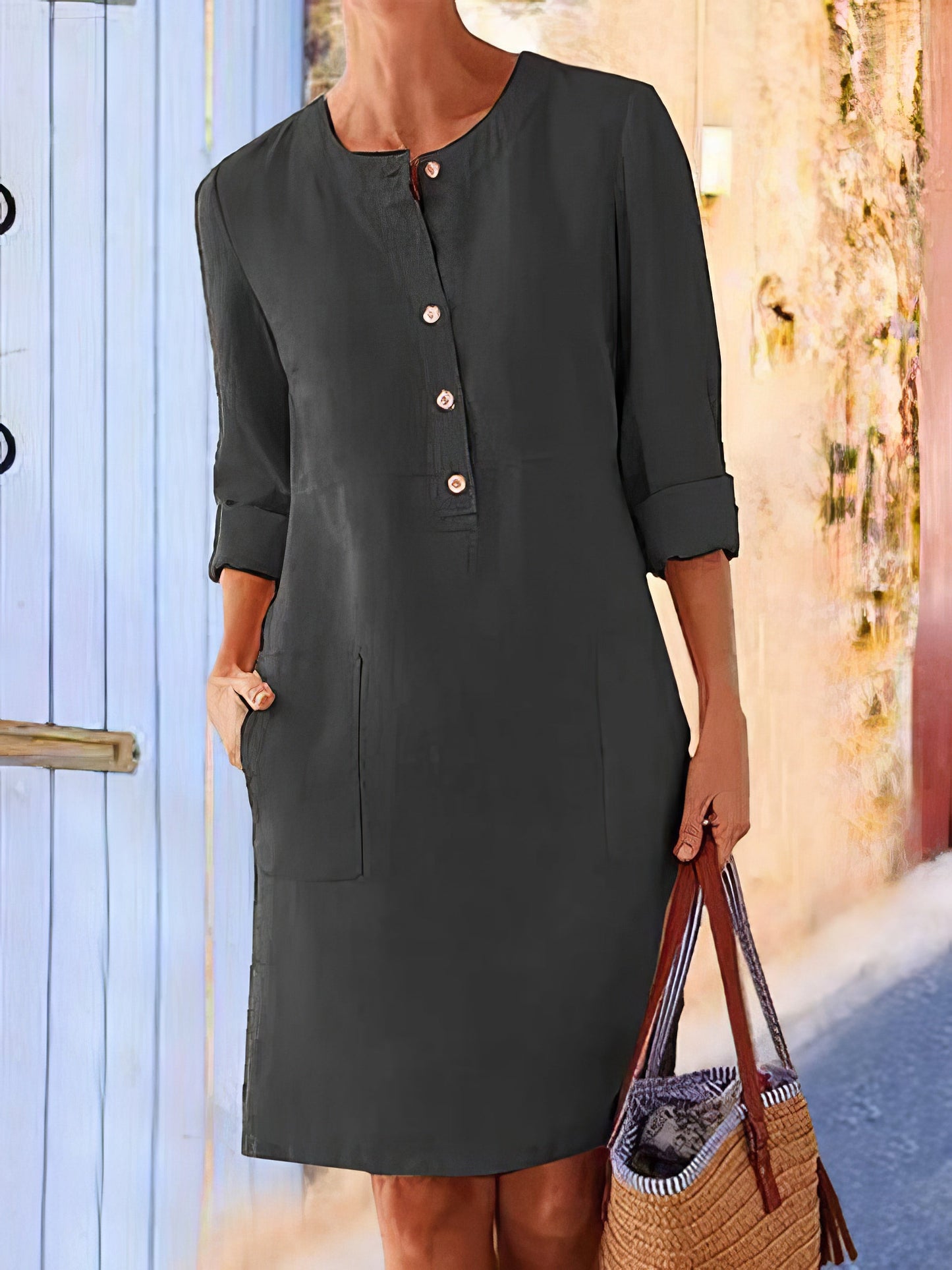 Dresses Cotton Linen Temperament Round Neck Long Sleeve Mini Dress - LuckyFash™