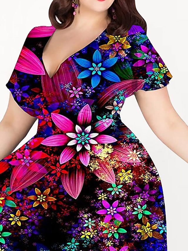Women's Plus Size Casual Dress A Line Dress Floral Midi Dress Short Sleeve Print V Neck Elegant Holiday Multicolor Yellow Summer Spring L XL XXL 3XL 4XL - LuckyFash™
