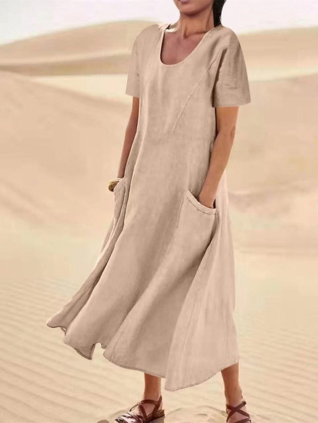 Cotton Linen Dress Casual Dress Swing Dress Maxi long Dress Linen Cotton Blend Fashion Classic Outdoor Daily Vacation Crew Neck Pocket Short Sleeve Summer Spring Loose Fit Black Pink Sky for Women - LuckyFash™