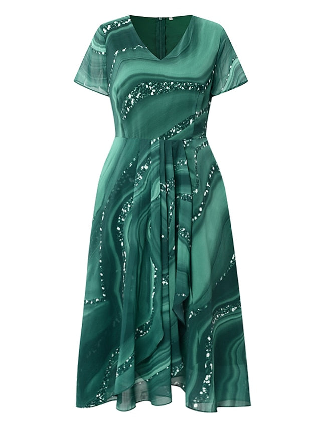 Women‘s Semi Formal Party Dress Swing Dress Knee Length Dress Green Blue Gray Short Sleeve Color Block Print Spring Summer V Neck Elegant Loose 2023 S M L XL XXL 3XL - LuckyFash™