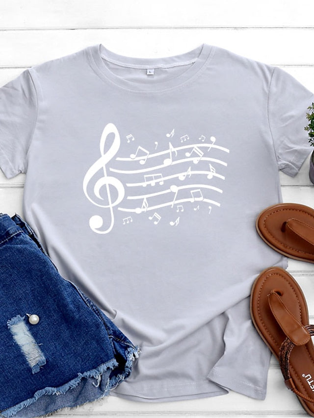 Women's T shirt Tee 100% Cotton Black White Light Green Music Print Short Sleeve Daily Weekend Basic Round Neck Regular 100% Cotton S - LuckyFash™