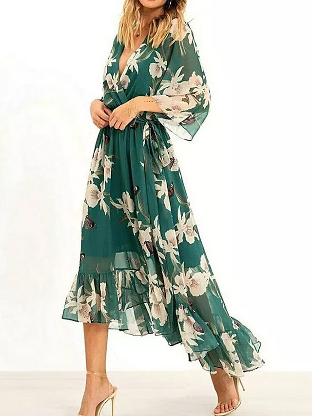 Women's Long Dress Maxi Dress Casual Dress Chiffon Dress Swing Dress Floral Fashion Streetwear Outdoor Daily Holiday Ruffle High Low dress 3/4 Length Sleeve V Neck Dress Regular Fit Green Summer - LuckyFash™