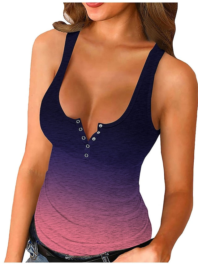 Tank Top Going Out Tops Summer Tops Henley Shirt Red Wine Purple Grey Color Gradient Button Sleeveless Casual Sports Basic Sexy U Neck Slim S for Women - LuckyFash™