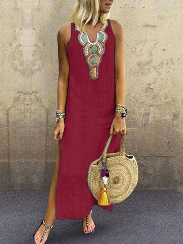 Bohemian Sleeveless Deep V-neck Side Slit Dress - LuckyFash™