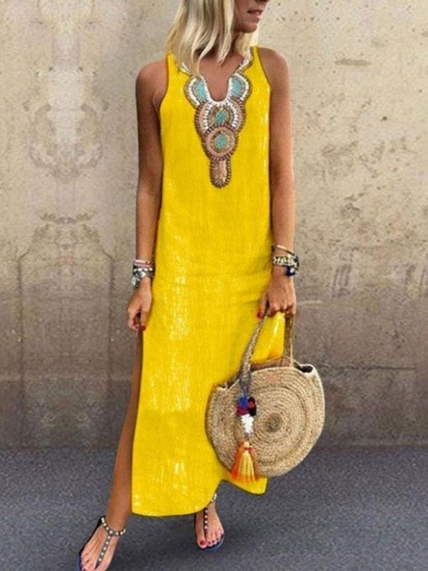 Bohemian Sleeveless Deep V-neck Side Slit Dress - LuckyFash™