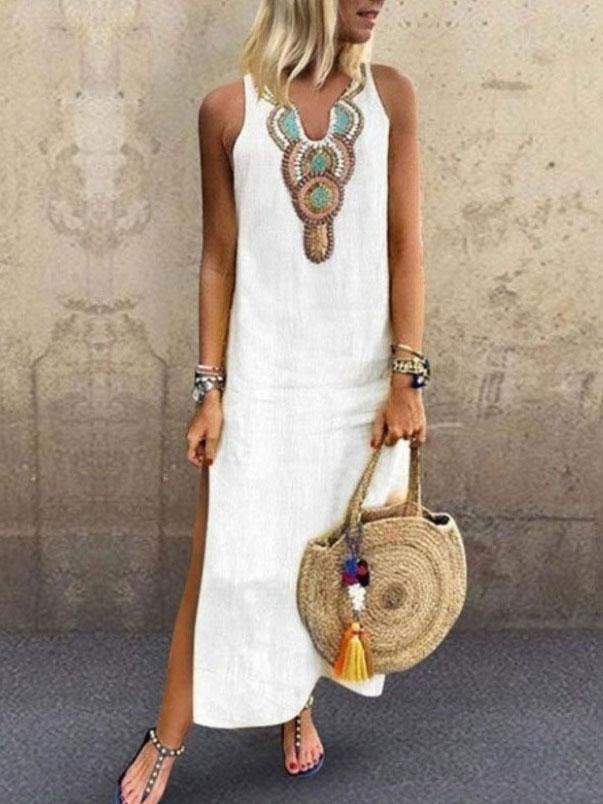 Bohemian Sleeveless Deep V-neck Side Slit Dress - LuckyFash™