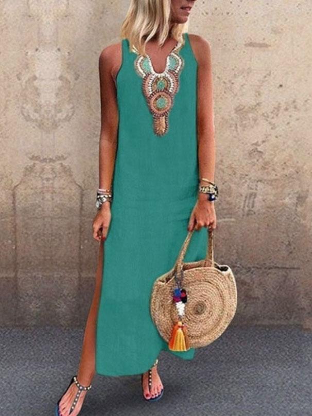 Bohemian Sleeveless Deep V-neck Side Slit Dress - LuckyFash™