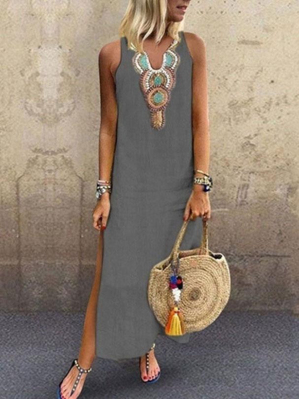 Bohemian Sleeveless Deep V-neck Side Slit Dress - LuckyFash™
