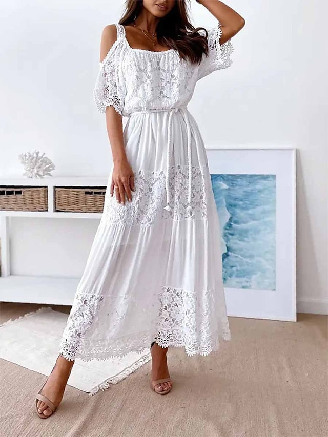Women's Long Dress Maxi Dress White Dress Eyelet Sundress A Line Dress Plain Casual Classic Daily Holiday Vacation Lace Patchwork Half Sleeve Cold Shoulder Loose Fit White Summer Spring S M L XL XXL - LuckyFash™