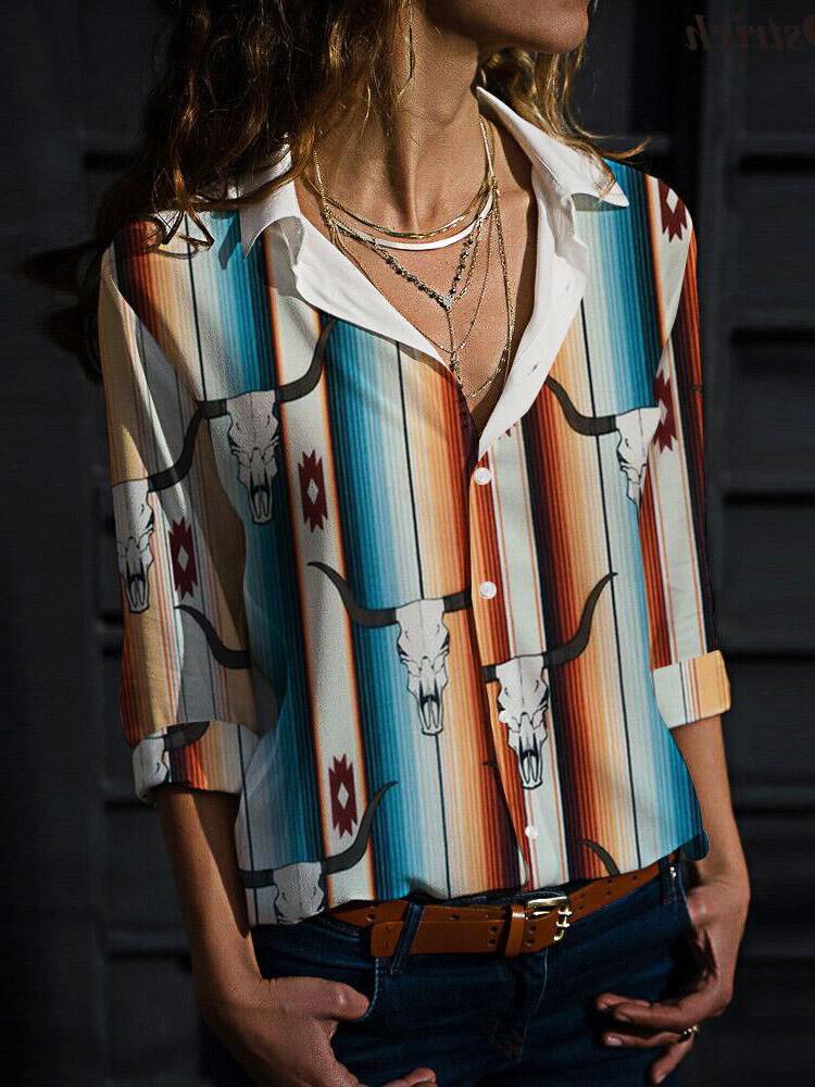 Bull Head Print Long Sleeve Loose Blouses - LuckyFash™