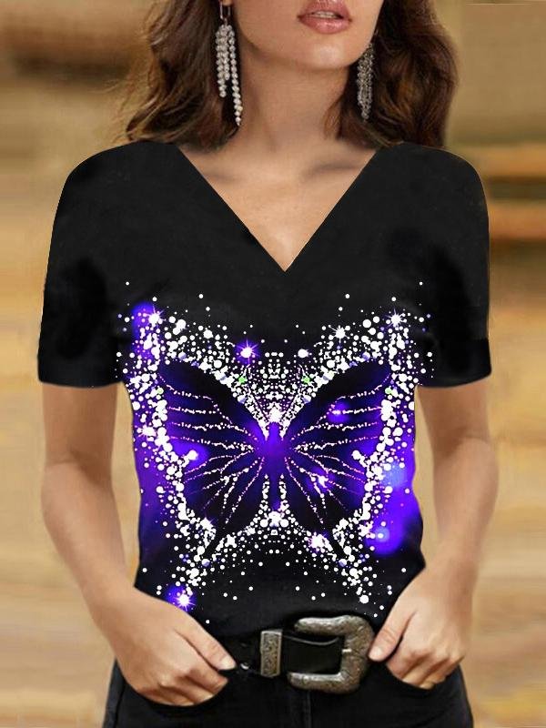 Butterfly Print V-neck T-shirt - LuckyFash™