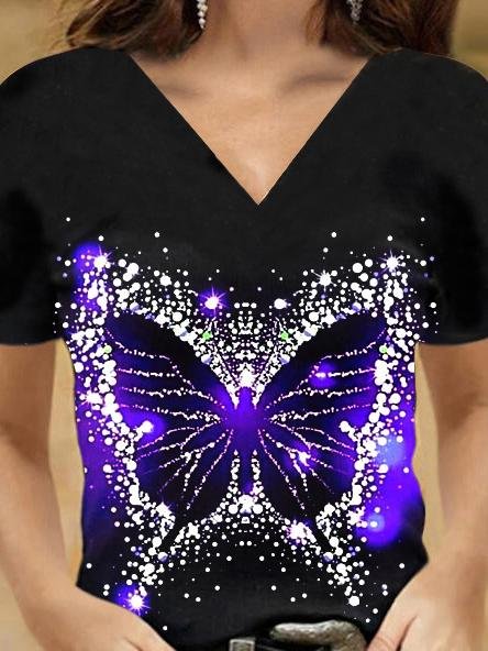 Butterfly Print V-neck T-shirt - LuckyFash™