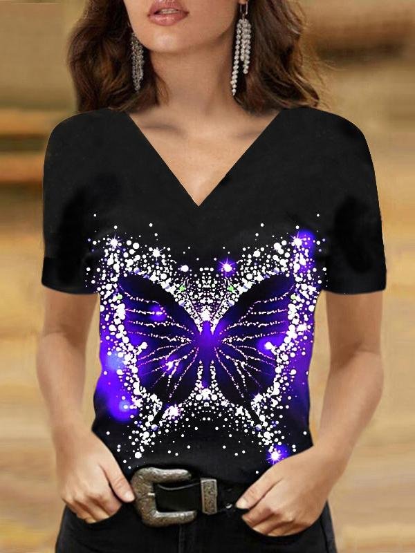 Butterfly Print V-neck T-shirt - LuckyFash™