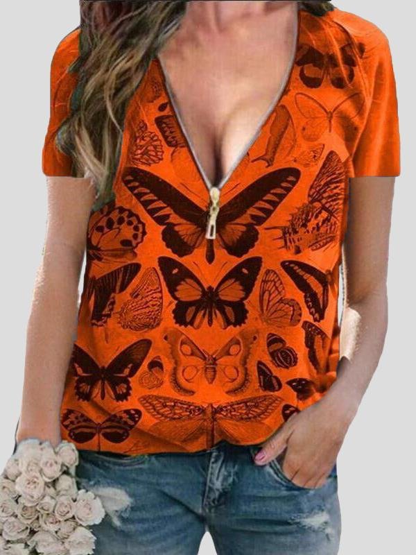 Butterfly Print Zipper V-neck Pullover Top - LuckyFash™