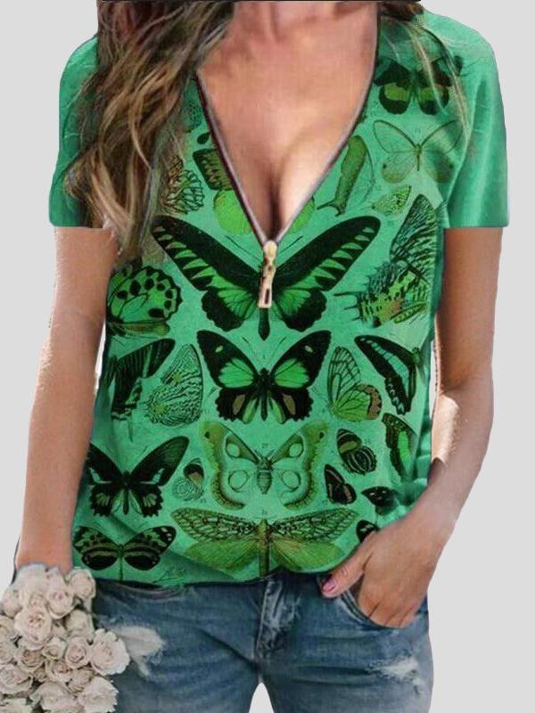 Butterfly Print Zipper V-neck Pullover Top - LuckyFash™