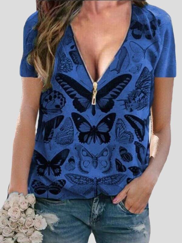 Butterfly Print Zipper V-neck Pullover Top - LuckyFash™